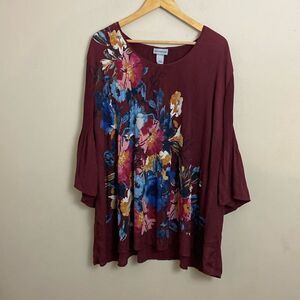 Catherines Pleated V-neck Floral Print Bell Sleeve Tunic size 2X Fall Office